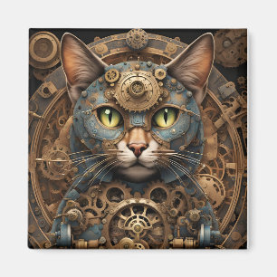 Blue steampunk cat AI art magnet