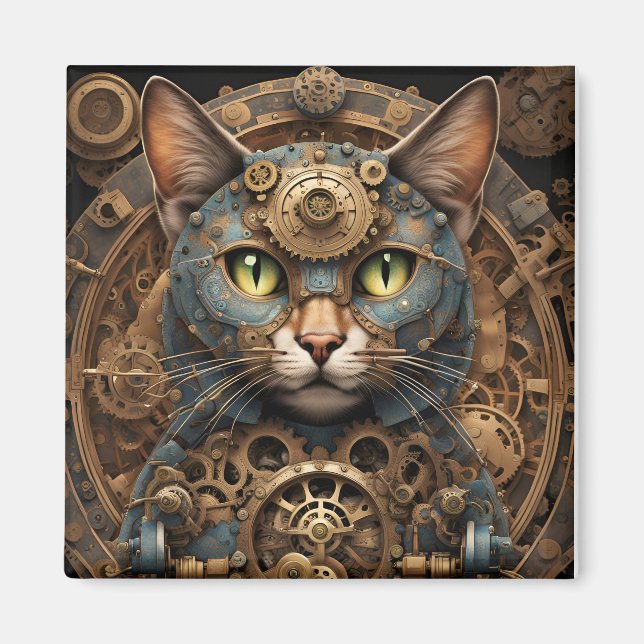 Blue steampunk cat AI art magnet (Framsidan)