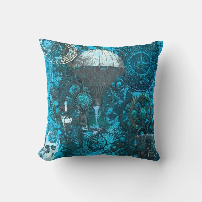 Blue Steampunk Pillow Cushion Kudde (Framsida)