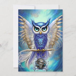 Blue Steampunk Uggla Julkort