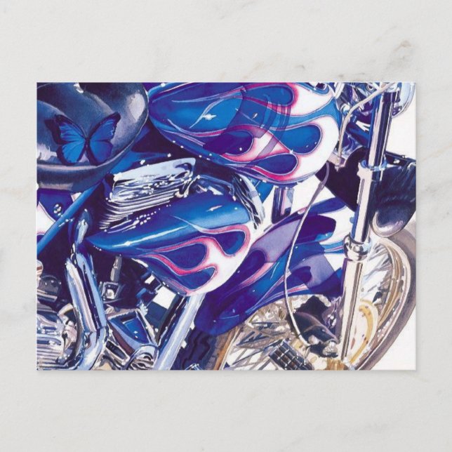 "Blue Steel" Motorcle Watercolor Vykort (Framsida)