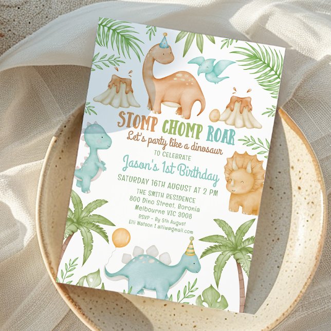 Blue Stomp Roar Party som Dinosaur Birthday Inbjudningar (Cute Boys Dinosaur Themed Birthday Invitation Stomp Chomp Roar Party Like Dinosaur 1st Birthday)