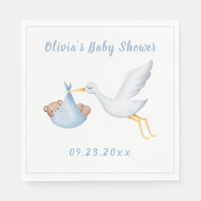 Blue Stork Baby Bear Boy Shower Pappersservett (Framsidan)