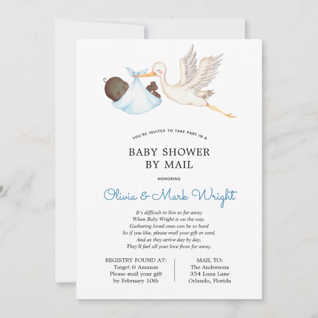 Blue Stork Baby Shower by Mail-inbjudan Inbjudningar (Framsida)