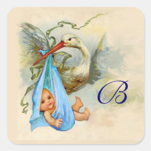 BLUE STORK BABY SHOWER MONOGRAM FYRKANTIGT KLISTERMÄRKE