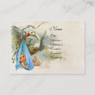 BLUE STORK BABY SHOWER White Pearl Shimmer Visitkort