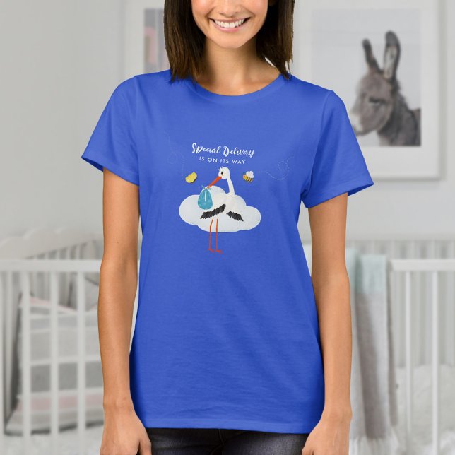Blue Stork Boy Shower T Shirt (Blue baby shower tshirt for mum-to-be with stork, bee and butterfly, personalize it with your text)