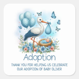 Blue Stork Pojke Adoption Baby Shower Tack Fyrkantigt Klistermärke