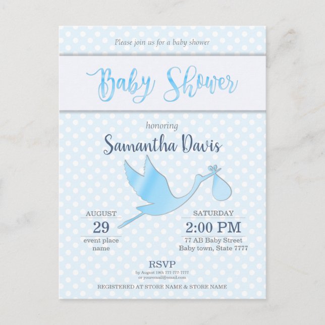 Blue Stork Pojke Baby Shower Inbjudan Vykort (Framsida)
