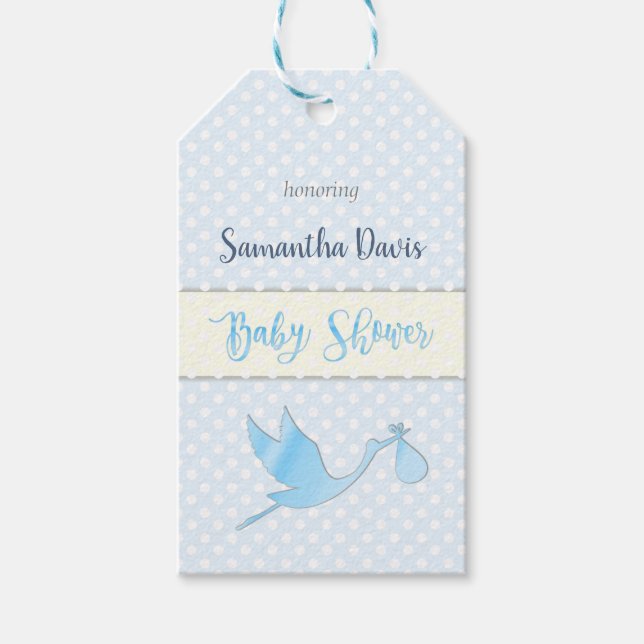 Blue Stork Pojke Baby Shower Presentetikett (Framsidan)