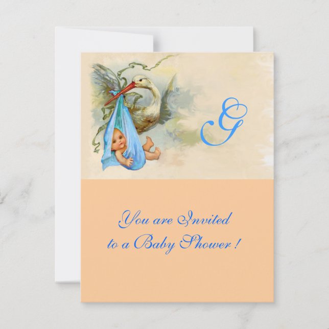 BLUE STORK POJKE SHOWER MONOGRAM Rosa Shimmer Inbjudningar (Framsida)