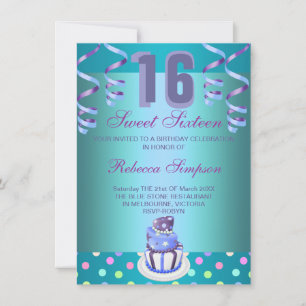 Blue Streamers & Cake Sweet 16 Birthday Inbjudan
