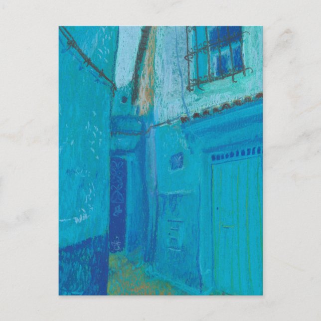 Blue Street Chefchaouen Marocko Pastel Painting Ar Vykort (Framsida)