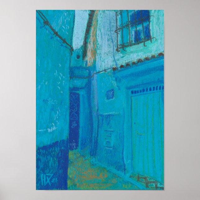 Blue Street Chefchaouen Marocko Pastel Painting Poster (Framsidan)