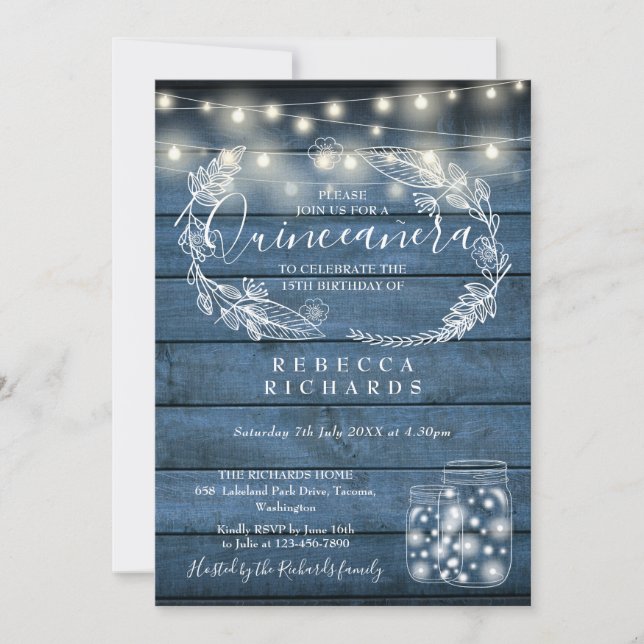 Blue String Ljus Mason Burk Quinceañera 15:e Inbjudningar (Framsida)