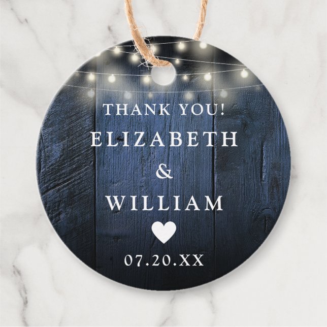 Blue String Ljus Rustic Wood Boho Barn Bröllop Gåvor Etiketter (Framsida)