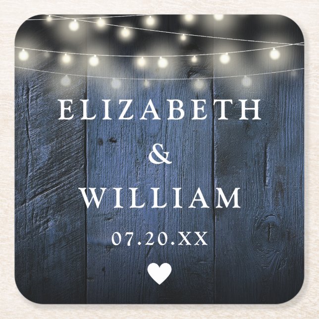 Blue String Ljus Rustic Wood Boho Barn Bröllop Underlägg Papper Kvadrat (Framsidan)