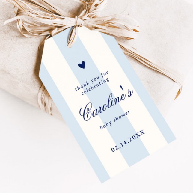 Blue Stripe Heart Valentine Baby Shower Favor Presentetikett (Skapare uppladdad)