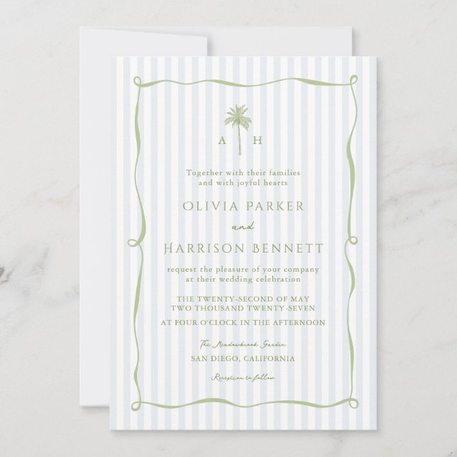 Blue Stripe Palm Tree Tropical Wedding Invitation Inbjudningar (Framsida)