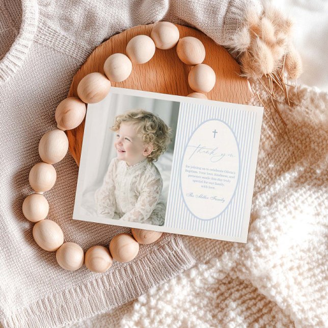 Blue Striped Baptism Flat Thank You Card Tack Kort (Skapare uppladdad)