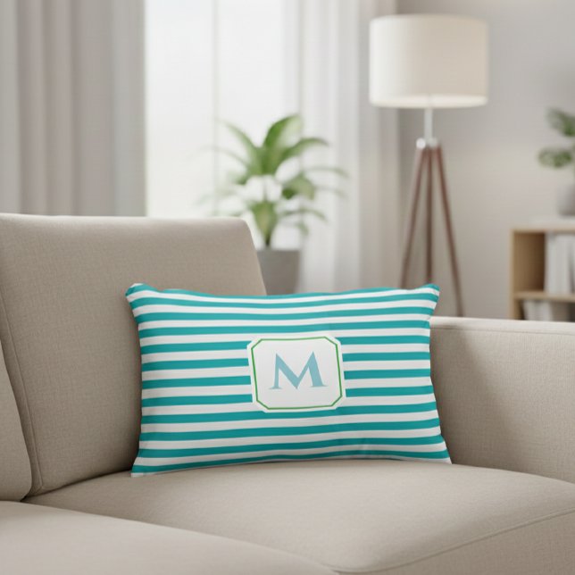 Blue Striped Decorative Pillow with Monogram  Prydnadskudde (Skapare uppladdad)