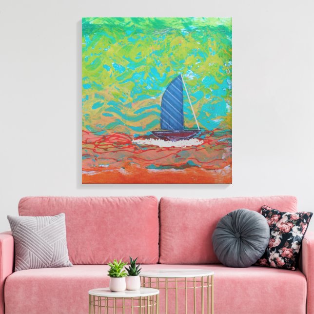 Blue Striped Sail Stretched Canvas Print (Insitu (Vardagsrum))