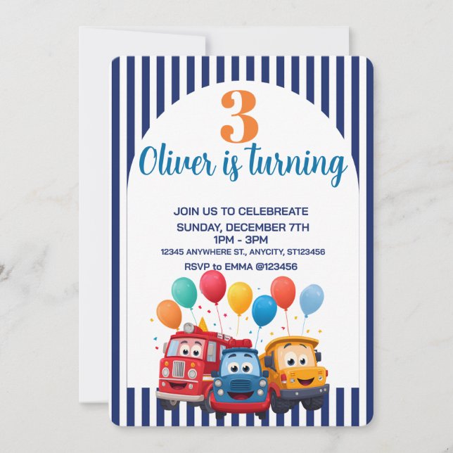 Blue Striped Truck Birthday Theme Invitation Inbjudningar (Framsida)