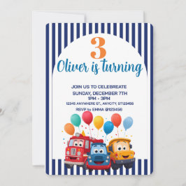 Blue Striped Truck Birthday Theme Invitation Inbjudningar