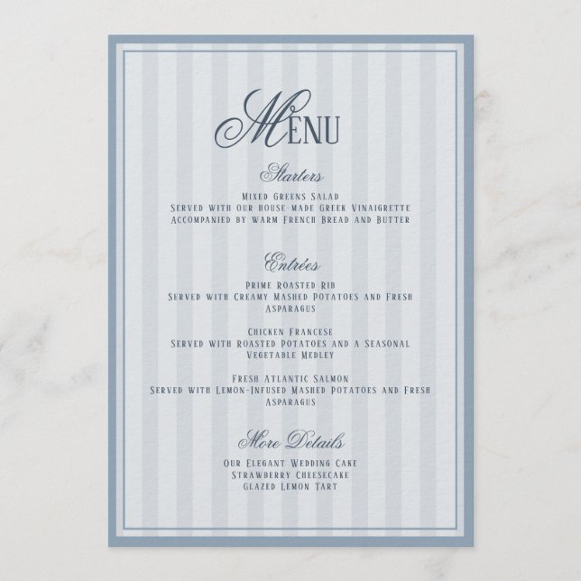 Blue Striped Wedding Menu  Card Inbjudningar (Framsida)