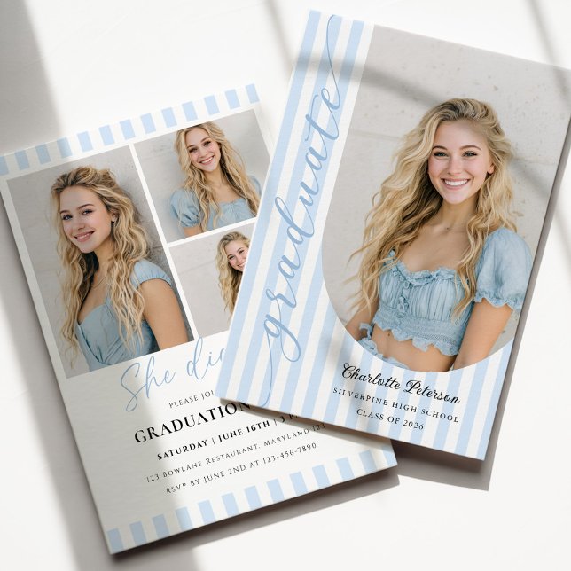 Blue Stripes Aesthetic Graduation Invitation Inbjudningar (Skapare uppladdad)