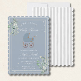 Blue Stripes Baby Carriage Baby Shower Scalloped Inbjudningar