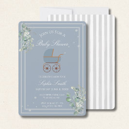 Blue Stripes Baby Carriage Eucalyptus Baby Shower  Inbjudningar