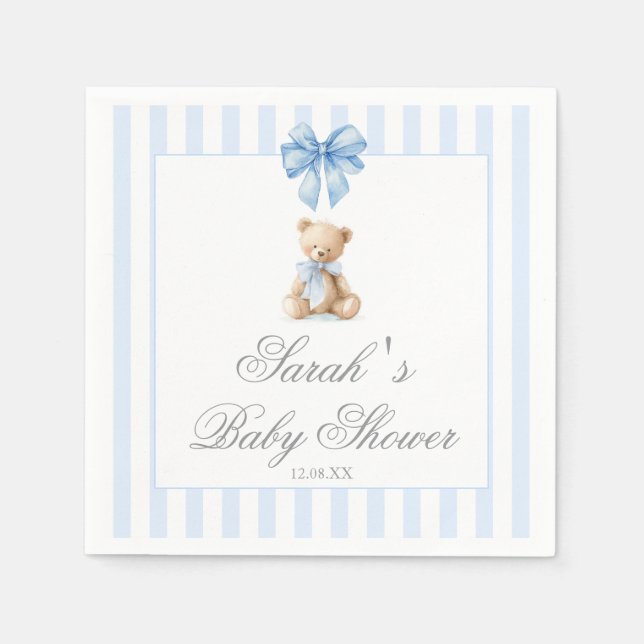 Blue Stripes Bear Baby Shower Pappersservett (Framsidan)