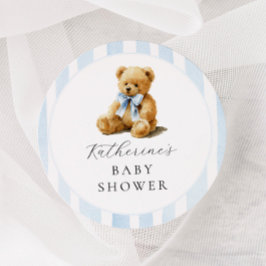 Blue Stripes Bear Baby Shower Runt Klistermärke