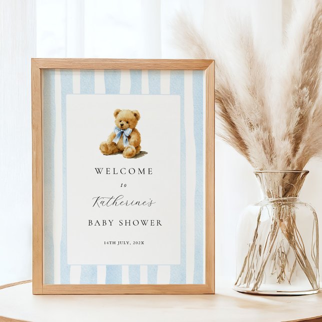 Blue Stripes Bear Baby Shower Welcome Poster (Skapare uppladdad)