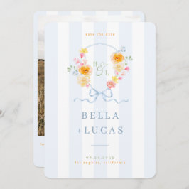 Blue Stripes Floral Crest Monogram Spring Wedding Spara Datumet