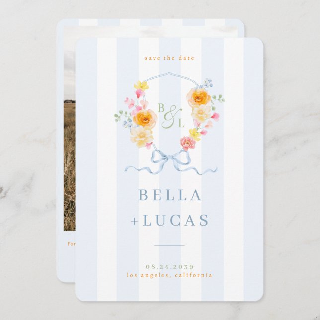 Blue Stripes Floral Crest Monogram Spring Wedding Spara Datumet (Fram/baksida)