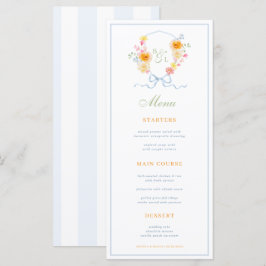 Blue Stripes & Floral Crest Spring Wedding Menu Meny