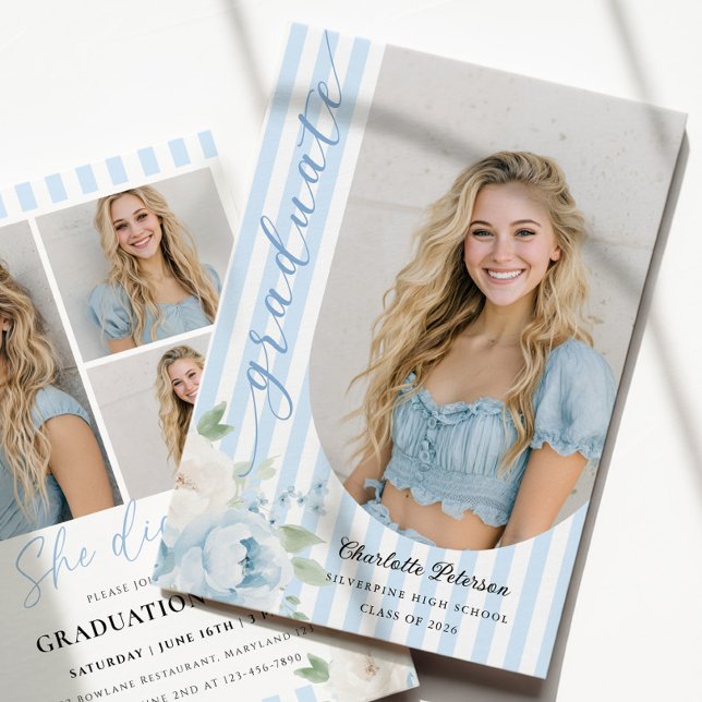 Blue Stripes Floral Graduation Invitation Inbjudningar (Skapare uppladdad)