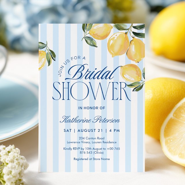 Blue Stripes Lemon Bridal Shower Invitation Inbjudningar (Skapare uppladdad)