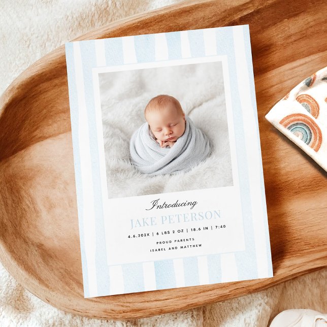 Blue Stripes Photo Birth Announcement Meddelande (Skapare uppladdad)
