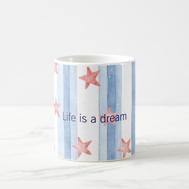 Blue Stripes Red Starfish Stars Life is A Dream Kaffemugg (Center)