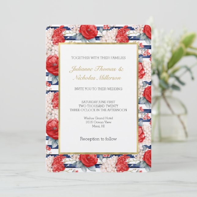 Blue Stripes Red White Floral Wedding Inbjudningar (Stående Fram)