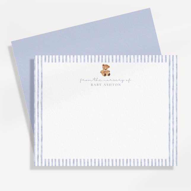 Blue Stripes Teddy Bear Nursery Note Card Inbjudningar (Skapare uppladdad)