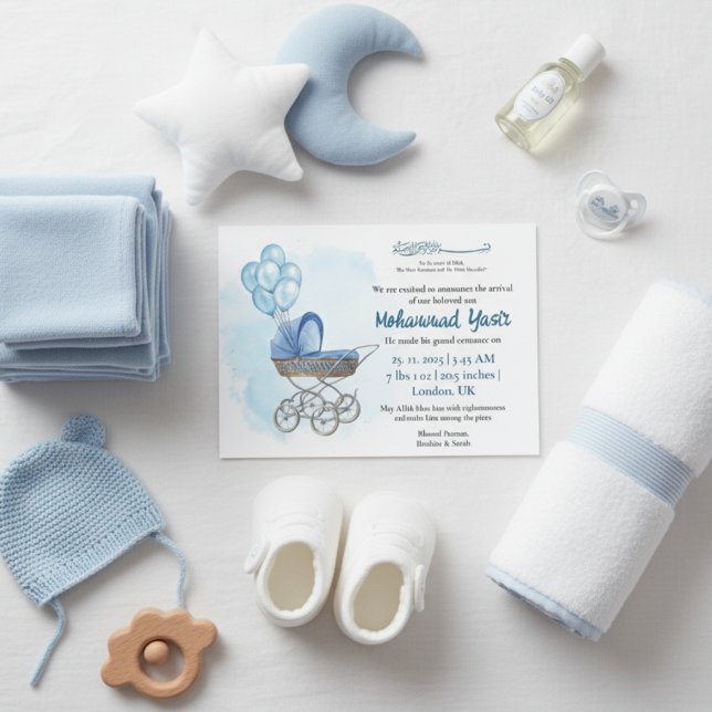 Blue stroller balloon muslim baby boy birth invita inbjudningar (Skapare uppladdad)