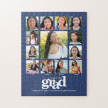 Blue Studenten K-12 Photo Collage Modern Bold Pussel<br><div class="desc">Var stolt, gladd och visa den här milstolpen av din favoritgrad. Skapa den här eleganten, enkelt, modernt, personlig high school studenten K - 12 fotosamlingpussel för en keepsaké som du alltid uppskattar. En roligt, en lekfull bild av fet, grafisk, vit typografi, tillsammans med deras namn, klassår, skola och 13 foton...</div>