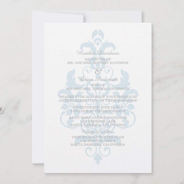 Blue Subtle Damask Wedding Inbjudan (Framsida)