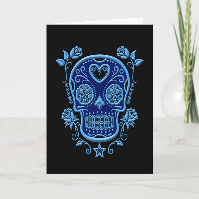 Blue Sugar Skull med Ro på Black Kort (Framsida)