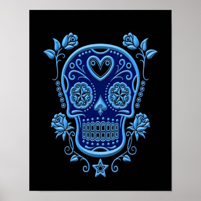 Blue Sugar Skull med Ro på Black Poster (Framsidan)