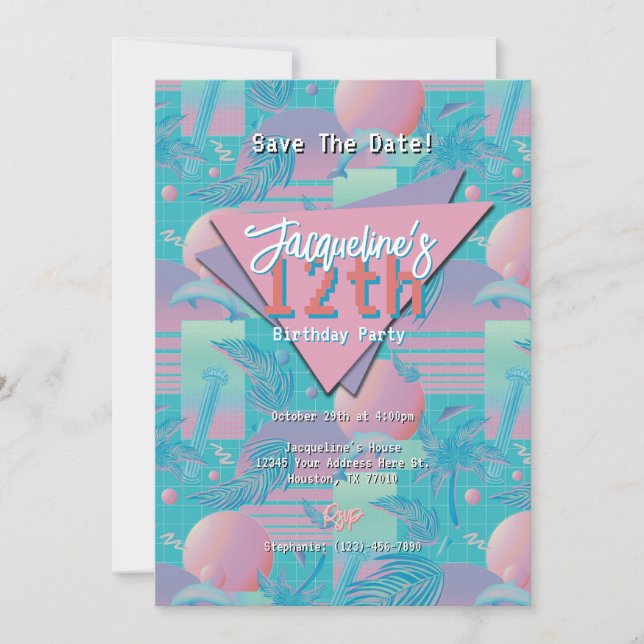 Blue Summer Vaporwave Sunset Birthday Inbjudningar (Framsida)